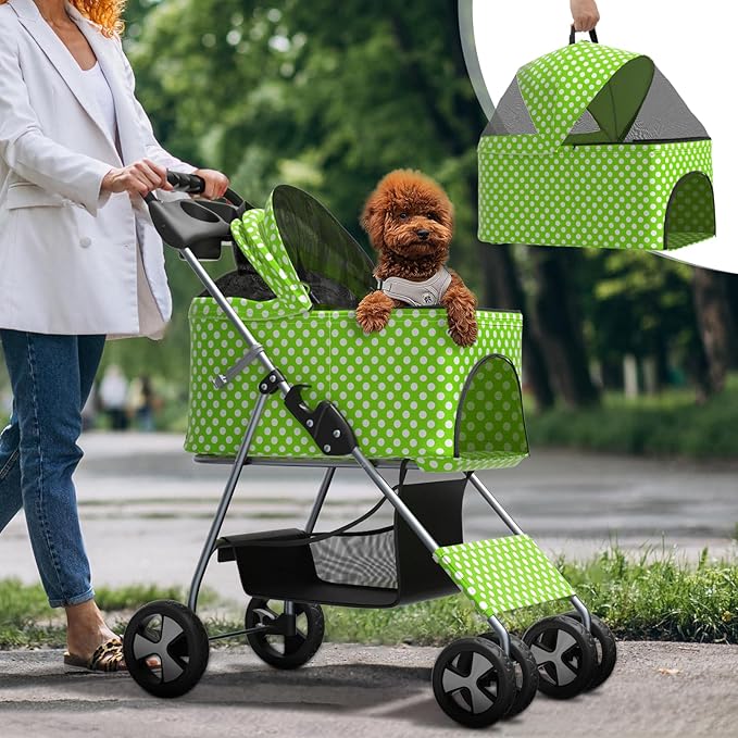 3-in-1 Visible Foldable Pet Carrier, Detachable Car Seat and Stroller with Push Button Entry for Small Pets, Cat Dog Carrier for Medium Dogs Cats, Load Up to 33 lbs, Green Polka Dots