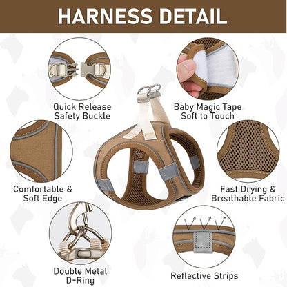 GAMUDA Small Pet Harness Collar and Leash Set, Step in No Chock No Pull Linen Fabric Soft Mesh Dog Vest Harnesses Reflective for Dogs Puppy Cats Kitten Rabbit (Brown, M)
