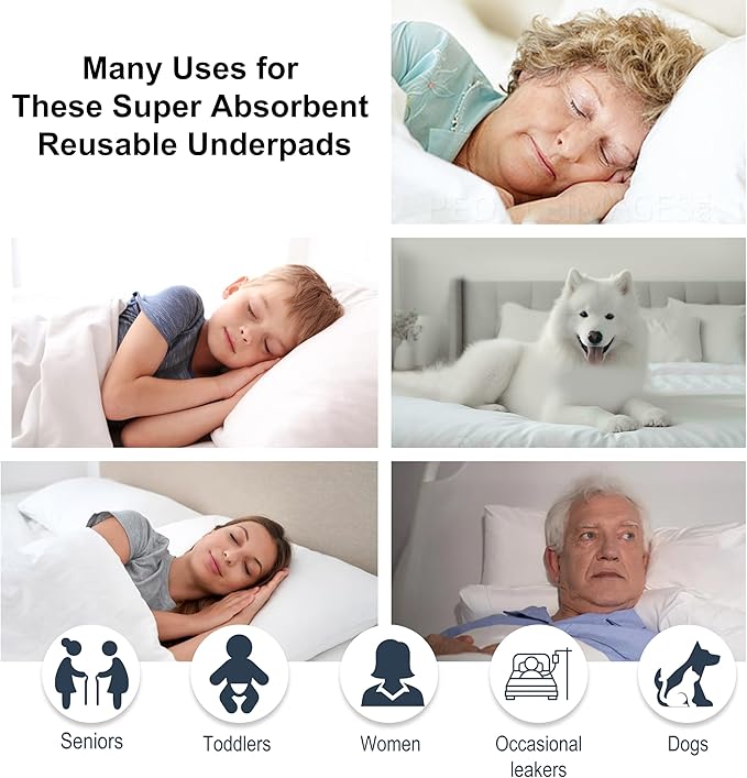 AbsorbEase® Washable Underpads 34"x36" - Waterproof, Ultra-Absorbent Incontinence Bed Pads for Adults, Seniors, Kids, Pets, Reusable Pee Pads, Odor Neutralizing, Latex-Free, USA Made (Pack of 4)