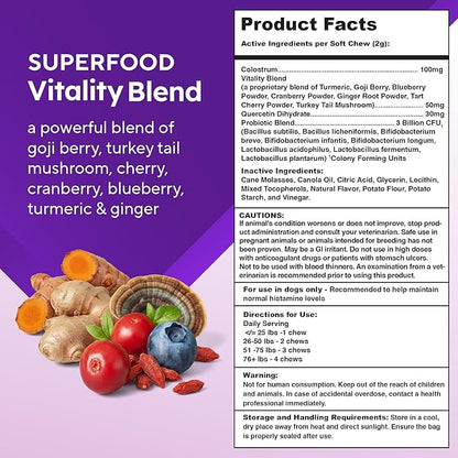 VitaFusion Probiotics for Dogs, Gut & Digestive Health Support with Colostrum & Quercetin, Immune & Seasonal Allergy Support, Superfood Vitality Blend, Beef Flavor120 Soft Chews.