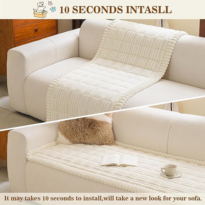 MYSKY HOME Couch Covers for Sofa, L Shaped Couch Cover, Couch Cover for Dogs, Sofa Covers for Pets Washable, Non Slip Sofa Slipcovers, Leather Sofa Cover Loveseat Couch Covers, Cream, 27.6" x 59"