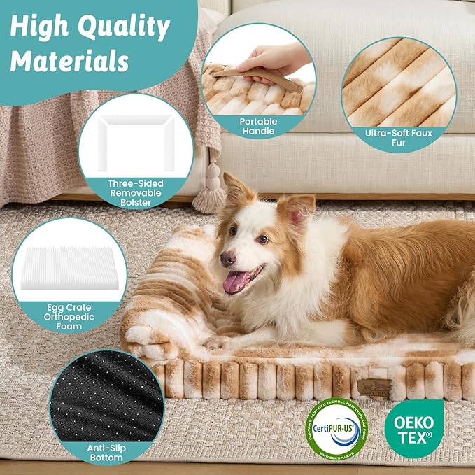 COZY KISS Cute Dog Bed for Small Dogs, Faux Rabbit Fur Orthopedic Foam Dog Bed with Sides, Removable Washable Cover & Waterproof Lining, Comfortable Pet Couch, Tie-Dye Brown (30" L x 20" W x 6" Th)