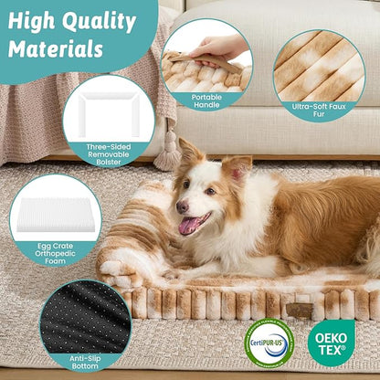 COZY KISS Extra Large Dog Bed, Faux Rabbit Fur Orthopedic Dog Bed with Sides, Removable Washable Cover & Waterproof Lining, Comfortable Pet Couch, Tie-Dye Brown (48" L x 35" W x 7.5" Th)