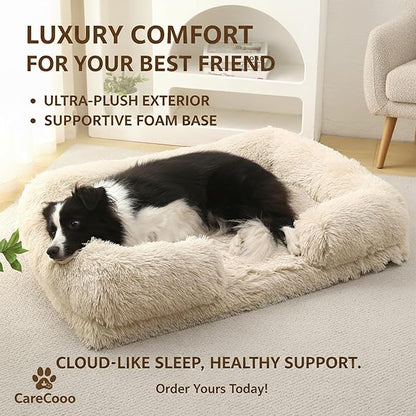 Orthopedic Dog Bed for Medium Dogs - Washable Memory Foam Pet Sofa, Fluffy Plush Rectangular Bed, Waterproof Anti-Anxiety Couch, Light Brown, M