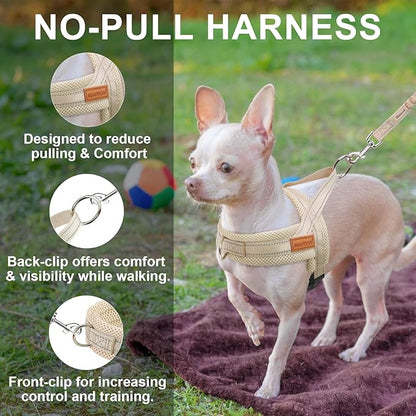 BEAUTYZOO Dog Harness for Small Dogs, No Pull Dog Harness and Leash Set, Soft Escape Proof Puppy Vest Harness with Handle, Reflective Lightweight Step in Harness for Girl Boy Dogs, Beige L