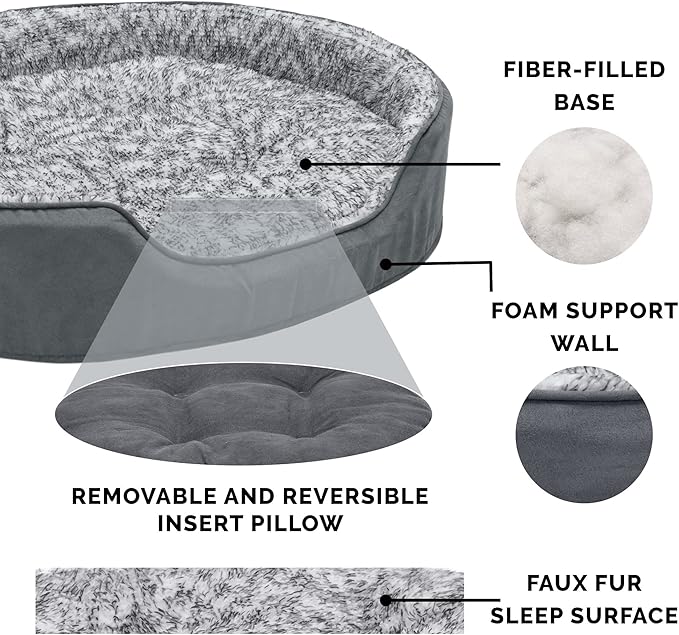 Furhaven Dog Bed for Large Dogs w/ Removable Washable Cover & Pillow Cushion Insert, For Dogs Up to 55 lbs - Two-Tone Faux Fur & Suede Oval Lounger - Gray, XL/Extra Large