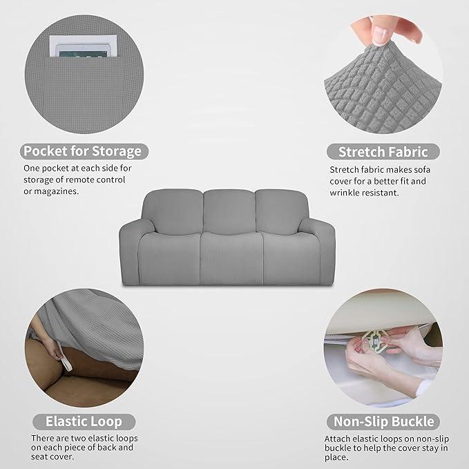 Easy-Going 100% Dual Waterproof Recliner Sofa Cover, 8-Pieces Stretch Relining Couch Cover with Pocket, Jacquard 3 Seat Sofa Slipcover Leakproof Washable (Sofa, Light Gray)