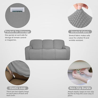 Easy-Going 100% Dual Waterproof Recliner Sofa Cover, 8-Pieces Stretch Relining Couch Cover with Pocket, Jacquard 3 Seat Sofa Slipcover Leakproof Washable (Sofa, Light Gray)