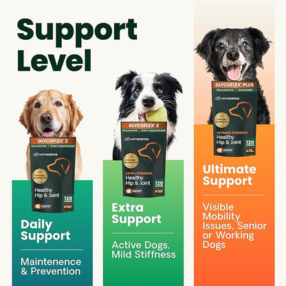 VetriScience Ultimate Strength Healthy Hip & Joint Chews, GlycoFlex Glucosamine,Chondroitin & Green-Lipped Mussel Support Supplement for Dogs, Soothe Joint Discomfort,Duck,60 Count (Pack of 2)