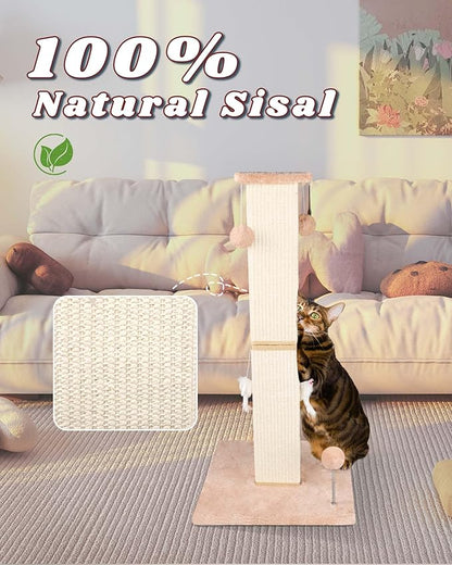 ANWA Large Cat Scratching Posts for Indoor Cats, 32" Tall Vertical Cat Scratching Post with Dangling Toys, Premium Sisal Rope Post Scratcher for Cats at All Ages, Beige