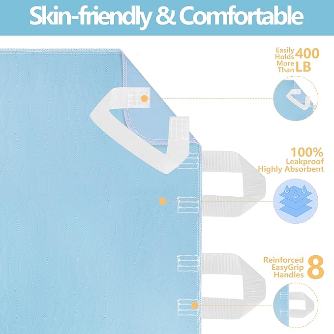 DAHAPYBOO Improvia Positioning Bed Pad 34"x52" with 8 Reinforced Handles,Washable Underpads 4 Pack Incontinence,Heavy Absorbency Reusable for Elderly, Kids Adults, Waterproof Quick Drying for Bed