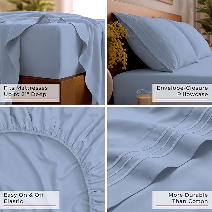 Mellanni California King Sheet Set - 6-Piece Iconic Collection Bedding, (Including 4 Pillowcases), 21-Inch Extra Deep Pocket, Easy Care, Ultra Soft, Cooling Sheets, Brushed Microfiber - Sky Blue