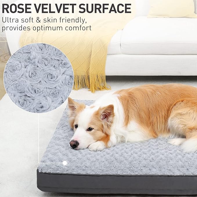 Waterproof Jumbo Dog Crate Bed for Extra Large Dogs - Rose Velvet Soft Fluffy Washable With Removable Cover & Anti-Slip Bottom, 53 x 36 Inch, Light Gray