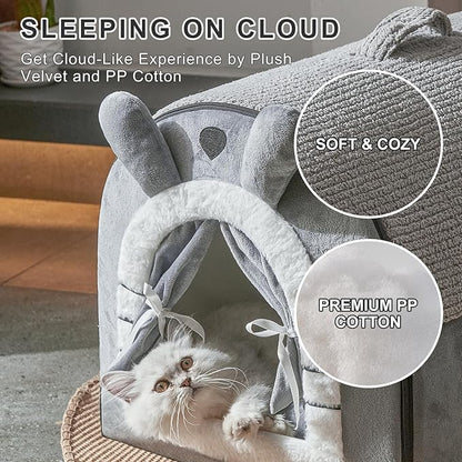 Jiupety Small Dog House Indoor, Cat House with Door Curtain Design, Puppy House with Reversible Washable Cushion, M Size Portable Pet Cave for 7-13 lb Cats and 5-11 lb Dogs, Non-Slip Bottom, Grey