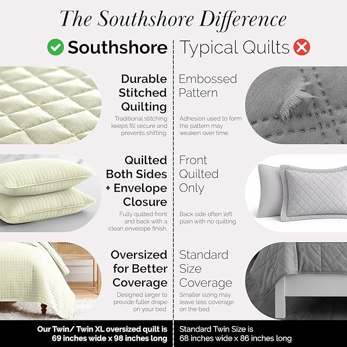 Southshore Fine Living, Inc. Twin XL Quilt Bedding Set, Soft Brushed Microfiber Bedspread Coverlet, Stain and Pet Hair Resistant Bedding, XL/Twin Size Quilt Set with 1 Pillow Sham, Cream