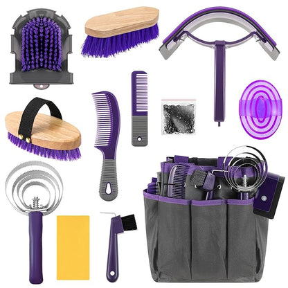 Abbylike 12 Pieces Horse Grooming Kit with Organizer Tote Bag Tack Room Supplies Horse Brush Sets Equine Care Cleaning Kit Shedding Grooming Massaging Tools(Grey and Purple)