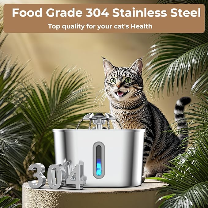 Wonder Creature Cat Water Fountain Stainless Steel, 74oz/2.2L Automatic Quiet Cat Drinking Fountain, Indoor Water Dispenser for Cats, Kittens, Small Dogs and Pets, Circulating Pet Water Fountain