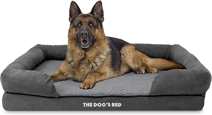 The Dog’s Bed Orthopedic Memory Foam Dog Bed with Bolsters for XL Dogs, High Density Support Mattress, Low Front Entry, Removable Washable Cover, Plush Fabric, Grey Plush, XL
