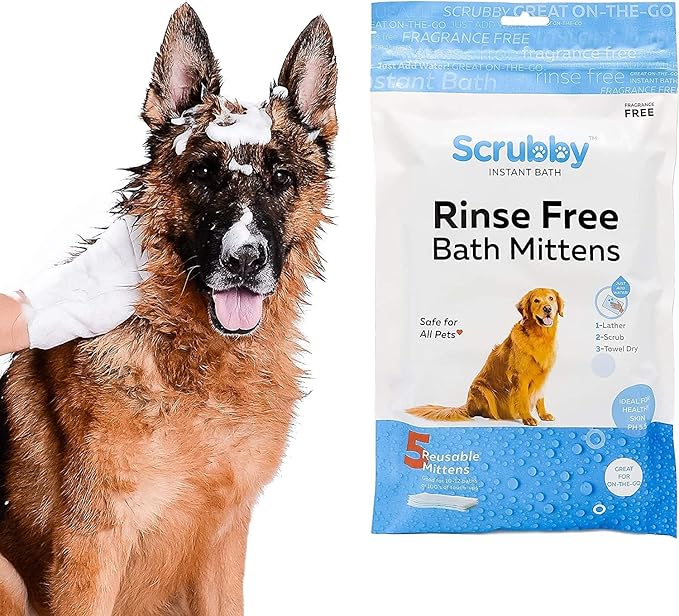 Scrubby Pet No Rinse Wipes | Rinse Free Shampoo Mittens | Dogs & Cats | Bath Wipes | Bathing & Washing Pets, Hypoallergenic | No Rinse Wash Mitt | Grooming, Lather Wipe Dry - Pack of 20