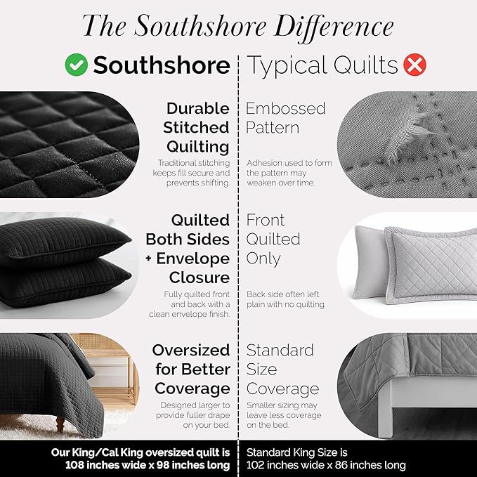 Southshore Fine Living, Inc. Oversized King Quilt Bedding Set, Microfiber Quilts, Pet Hair Resistant Bedding, Oversized King Size Quilt Set w/2 Pillow Shams, Black Bedspread & Coverlet Sets