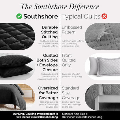 Southshore Fine Living, Inc. Oversized King Quilt Bedding Set, Microfiber Quilts, Pet Hair Resistant Bedding, Oversized King Size Quilt Set w/2 Pillow Shams, Black Bedspread & Coverlet Sets