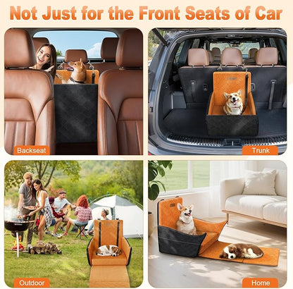 Elevated Dog Car Seat, Dog Booster Car Seats for Small & Medium Breeds Up to 35lbs, Fully Detachable and Washable, Memory Foam Pet Carseat with 2 Storage Pockets & 3 Safety Belts, Black + Brown