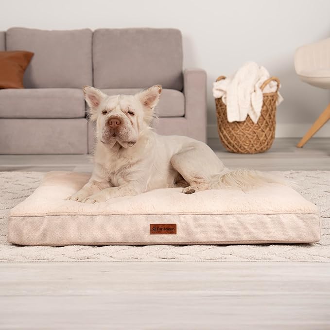 Furhaven Orthopedic Dog Bed – Classic Cushion with Plush Tufted Top, Supportive Foam Mattress, Removable Washable Cover, Joint Relief - Wheat, Large