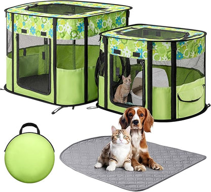 Portable Cat Playpen with Separate Areas, Foldable Indoor Outdoor Cat Enclosure, Portable Pet Tent for Kittens and Small Animals, Collapsible Tent Kennel Cage House with Tent Pegs and Carry Bag