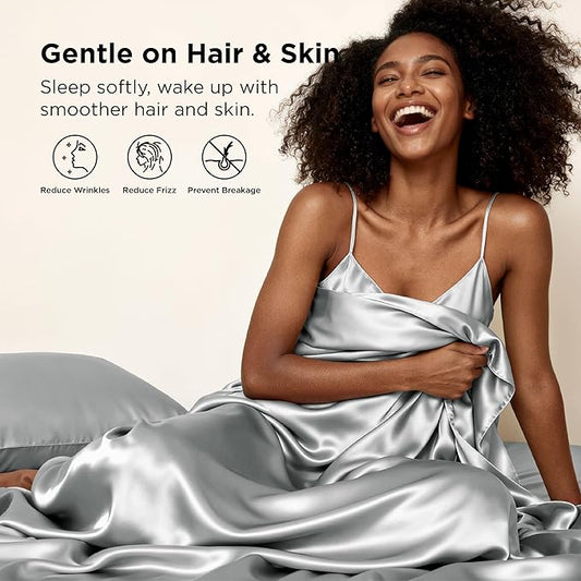 Bedsure Satin Sheets Queen Size - 4 Piece Silky Bedsheets with Elastic Corner Straps and 15 Inches Deep Pocket Fitted Bedsheet,1 Flat Sheet, 2 Satin Pillowcases, Good for Hair &Skin(Queen,Silver Grey)