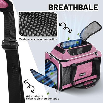 Top-Expandable Cat Carrier 18x11x11, United Delta American Airline Approved Dog Travel Carrier, Soft-Sided Pet Carry Bag Under-Seat in Cabin, Puppy Airplane Crate TSA Plane Kitten Cage Pink