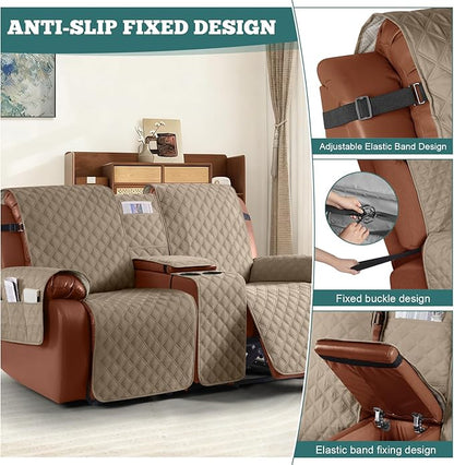Ruaozz Waterproof Loveseat Recliner Cover with Console Non-Slip Reclining Couch Covers Split Sofa Slipcovers with Elastic Straps Furniture Protector for Kids, Dogs, Pets (Pale Brown, 2 Seater)