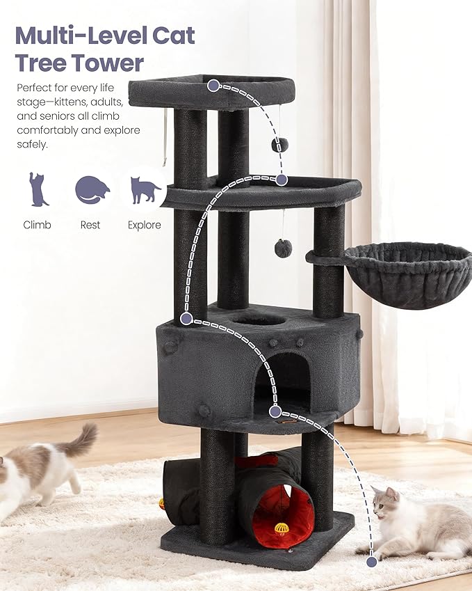Cat Tree Tower for Large Cats Adult - 60 Inch XXL Sturdy Heavy Duty Extra Wide Scratching Posts (φ4.4in) Condo - Indoor Big Cat House Hammock Perch - XL Wood Multi Level Feline Pet Bed Trees Houses