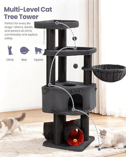 Cat Tree Tower for Large Cats Adult - 60 Inch XXL Sturdy Heavy Duty Extra Wide Scratching Posts (φ4.4in) Condo - Indoor Big Cat House Hammock Perch - XL Wood Multi Level Feline Pet Bed Trees Houses