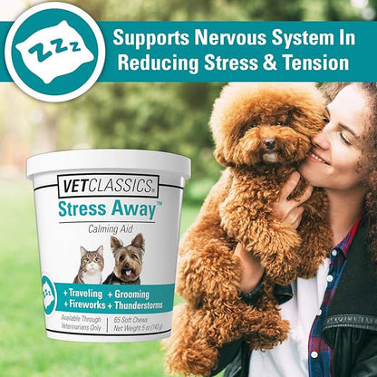 Vet Classics Stress Away Calming, Anxiety Aid for Dogs and Cats – Soft Chew Pet Health Supplement for Dogs, and Cats - Melatonin, Ginger – 65 Soft Chews