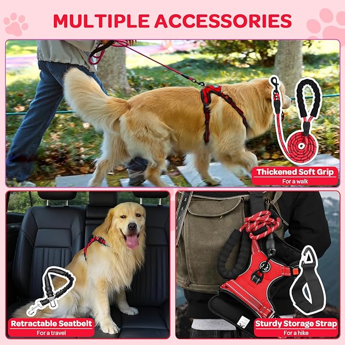 FURRYFECTION Plaid Dog Harness for Large Dogs, Reflective No Pull Adjustable Pet Vest with Front Clip, Leash, Easy Control Handle and Seat Belt, Red, XL