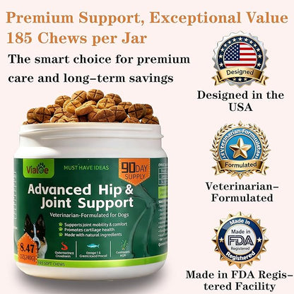 Advanced Dog Hip & Joint Chews - Concentrated with Glucosamine, Chondroitin, High-Potency MSM & 7X Omega-3-185 Chicken Chews for All Breeds - Supports Joint Pain Relief & Senior Dog Mobility