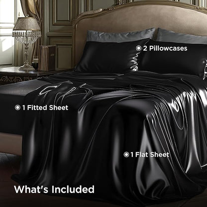 Bedsure Black Satin Sheets Queen Size - 4 Piece Silky Bedsheets with Elastic Corner Straps and 15 Inches Deep Pocket Fitted Bedsheet,1 Flat Sheet, 2 Satin Pillowcases, Good for Hair& Skin(Queen,Black)