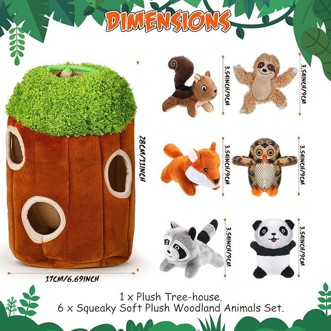 Skylety 7 Pieces Hide and Seek Dog Toys Activity Puppy Chew Squeaky Toys Plush Stuffing Burrow Woodland Stuffing with Squeakers for Small Medium Pets Dogs Puppy Gift(Cute,Medium)