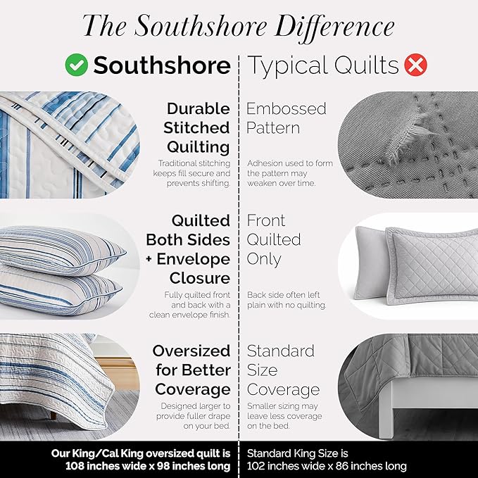 Southshore Fine Living, Inc. Oversized King Quilt Set, All Season Striped Blue Bedspread Set, 3-Piece Coastal Bedding, California/King Coverlet Sets with Shams, Soft Microfiber Quilt, Blue Stripes