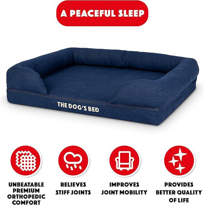 The Dog’s Bed Orthopedic Memory Foam Dog Bed with Bolsters for Medium Dogs, Waterproof Washable Cover, Anti-Slip Base, Calming Surface – CertiPUR-Certified Foam, Denim Fabric, Blue Denim, Medium