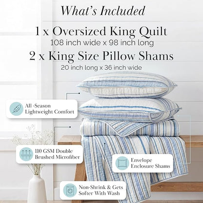 Southshore Fine Living, Inc. Oversized King Quilt Set, All Season Striped Blue Bedspread Set, 3-Piece Coastal Bedding, California/King Coverlet Sets with Shams, Soft Microfiber Quilt, Blue Stripes