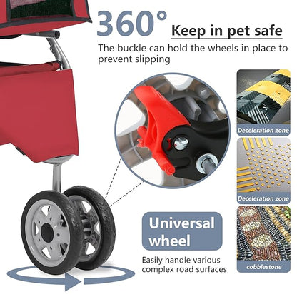 FDW Pet Stroller 3-Wheel Durable Foldable Cat Dog Stroller with Washable Liner Storage Basket Cup Holder,Red