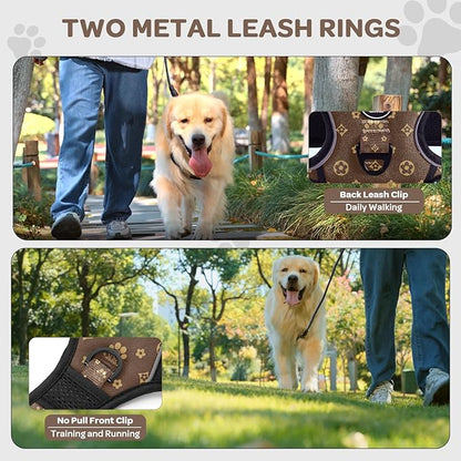 FURRYFECTION Plaid Dog Harness for Large Dogs, Reflective No Pull Adjustable Pet Vest with Front Clip, Leash, Easy Control Handle and Seat Belt, Dark Brown, L