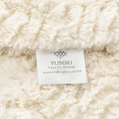YUSOKI Luxury Faux Fur Blanket for Queen Size Bed 2 Layers,7.3lb,All Ages,Home Decoration Without Pillows (Ivory,90" x 90")