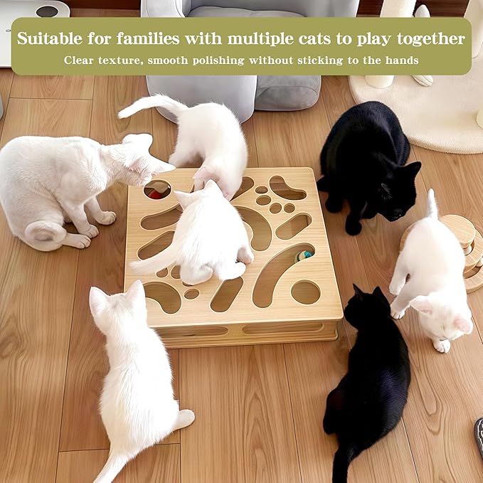 Interactive Wooden Cat Puzzle Toy Box with 4 Balls Interactive Cat Toy for Indoor Cats Indoor Hunting Play Toy Treat Puzzle Toys for Cats