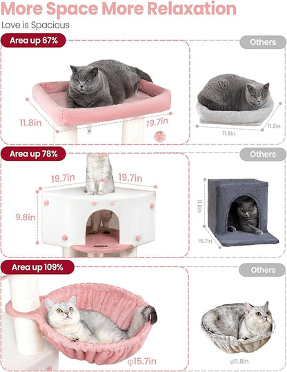 Cat Tree Tower for Large Cats Adult - 60 Inch XXL Sturdy Heavy Duty Extra Wide Scratching Posts (φ4.4in) Condo - Indoor Big Cat House Hammock Perch - XL Wood Multi Level Feline Pet Bed Trees Houses