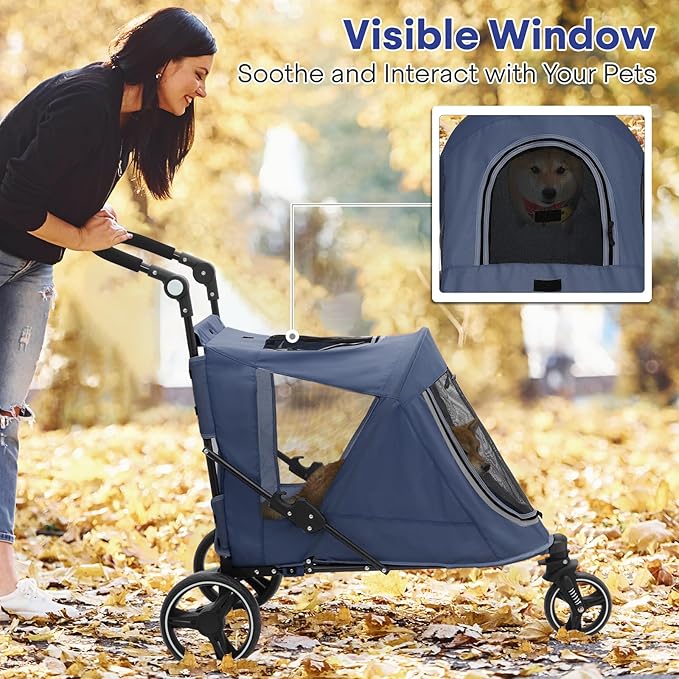 Pet Stroller for Large Dogs or Multiple Dogs Cats with Adjustable Handle, 3-Wheels Dual Entry Visible Portable Dog Carting Easy Folding Pet Wagon Double Dog Stroller up to 55 lbs, Navy Blue