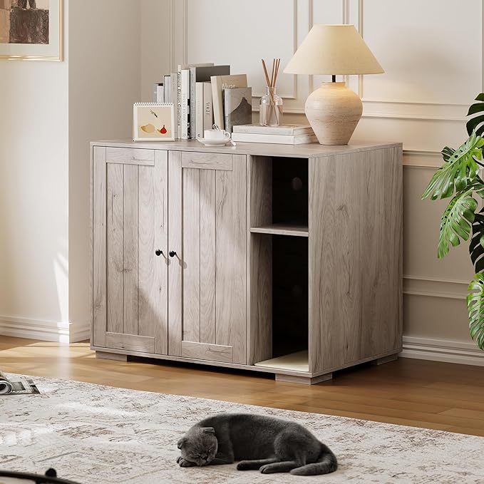 Extra Large Cat Litter Box Enclosure with Scratch Pad, Large Automatic Litter Box Furniture, Dog-Proof Litter Cabinet with Outlet, Space for Cat Stuffs