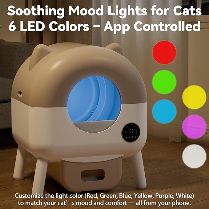 Self Cleaning Automatic Cat Litter Box with APP Control – Large Capacity Design for Multiple Cats, Includes Litter Mat & 2 Rolls Trash Bags, Odor-Free & Safety Sensors, Removable Washable Liner,Brown