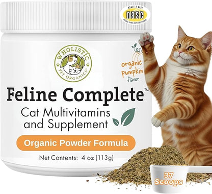 Wholistic Pet Organics Feline Complete Organic Pumpkin - 4 Oz - Multivitamin & Probiotic Powder for Cats - Natural Cat Food & Digestive Support - 37 Scoops